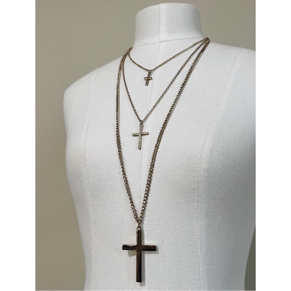 Gold Tone Multi Chain Cross Layered Necklace 16”